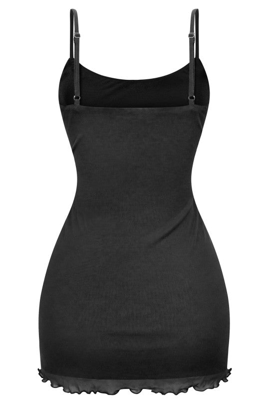 Beaded mesh black mini dress