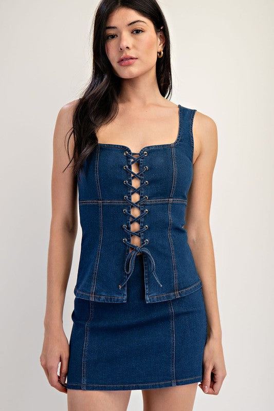 Denim lace corset set