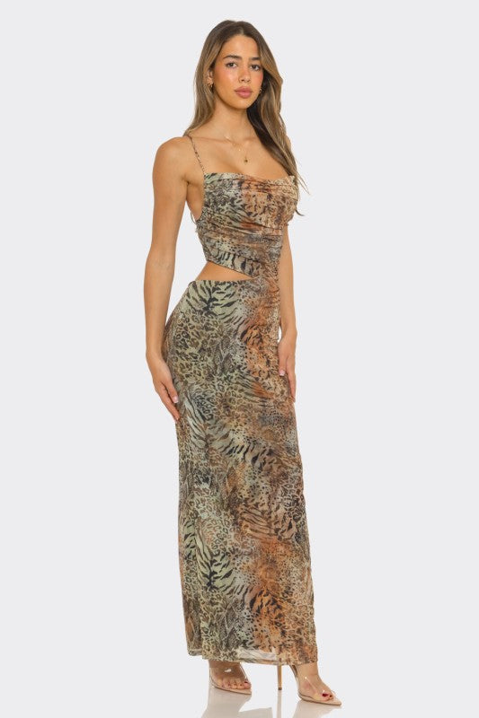 Animal print maxi dress side cut out
