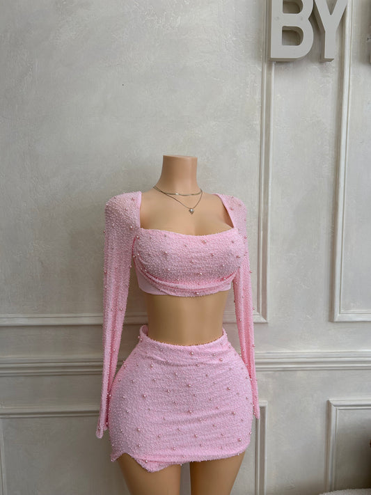 Pink pearl beaded skirt set