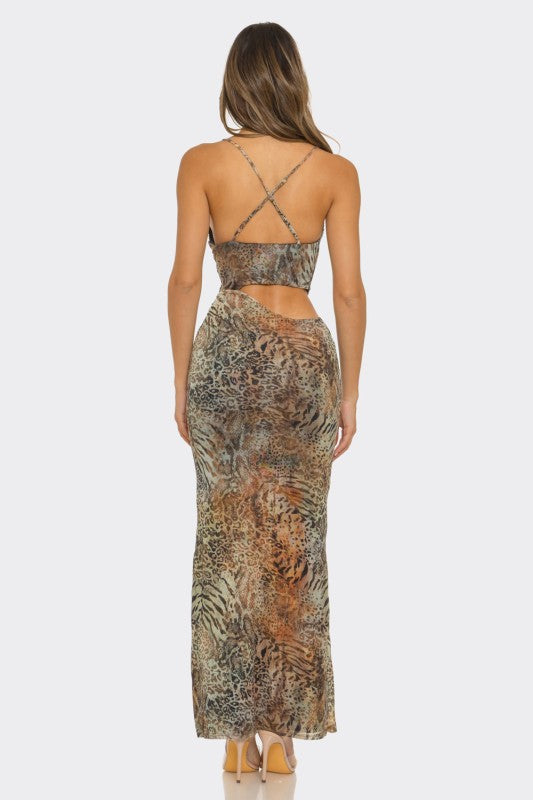 Animal print maxi dress side cut out