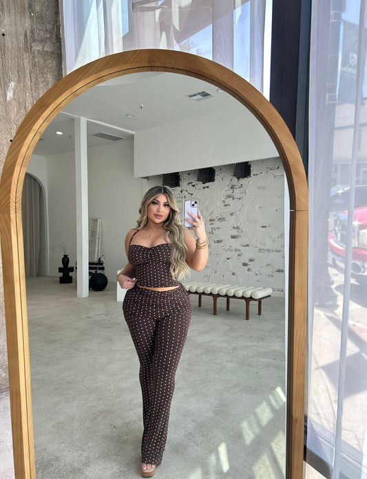 Brown polka dot halter top and pant set