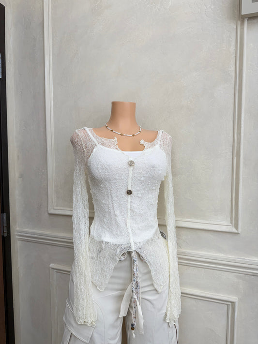 Lace sheer long sleeve button top