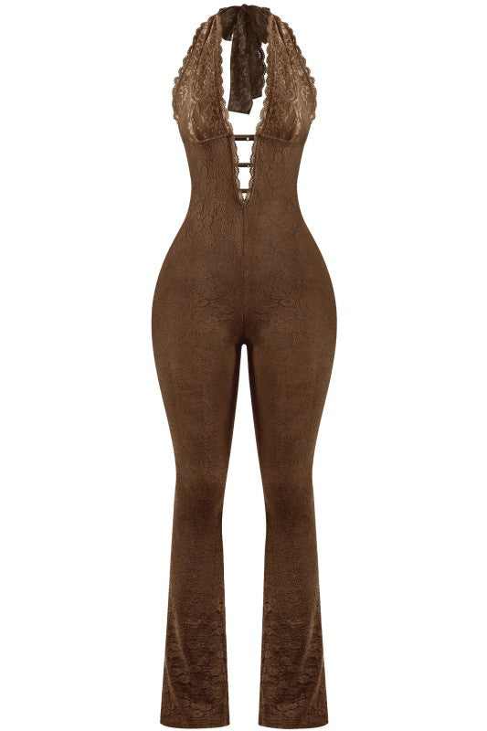 Brown Halter Lace Jumpsuit