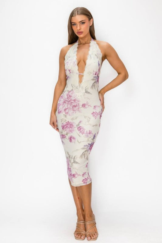 Floral printed halter neck midi dress