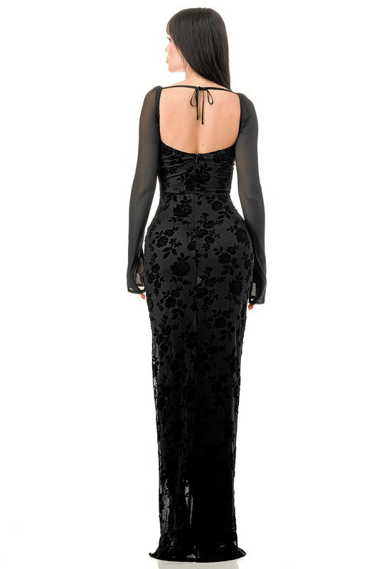 Velvet long sleeve maxi dress with slit