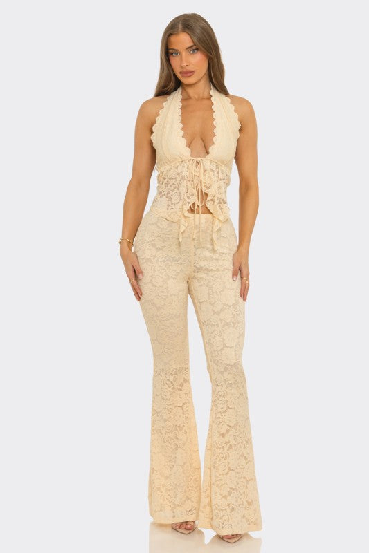 Stretch lace halter pant set