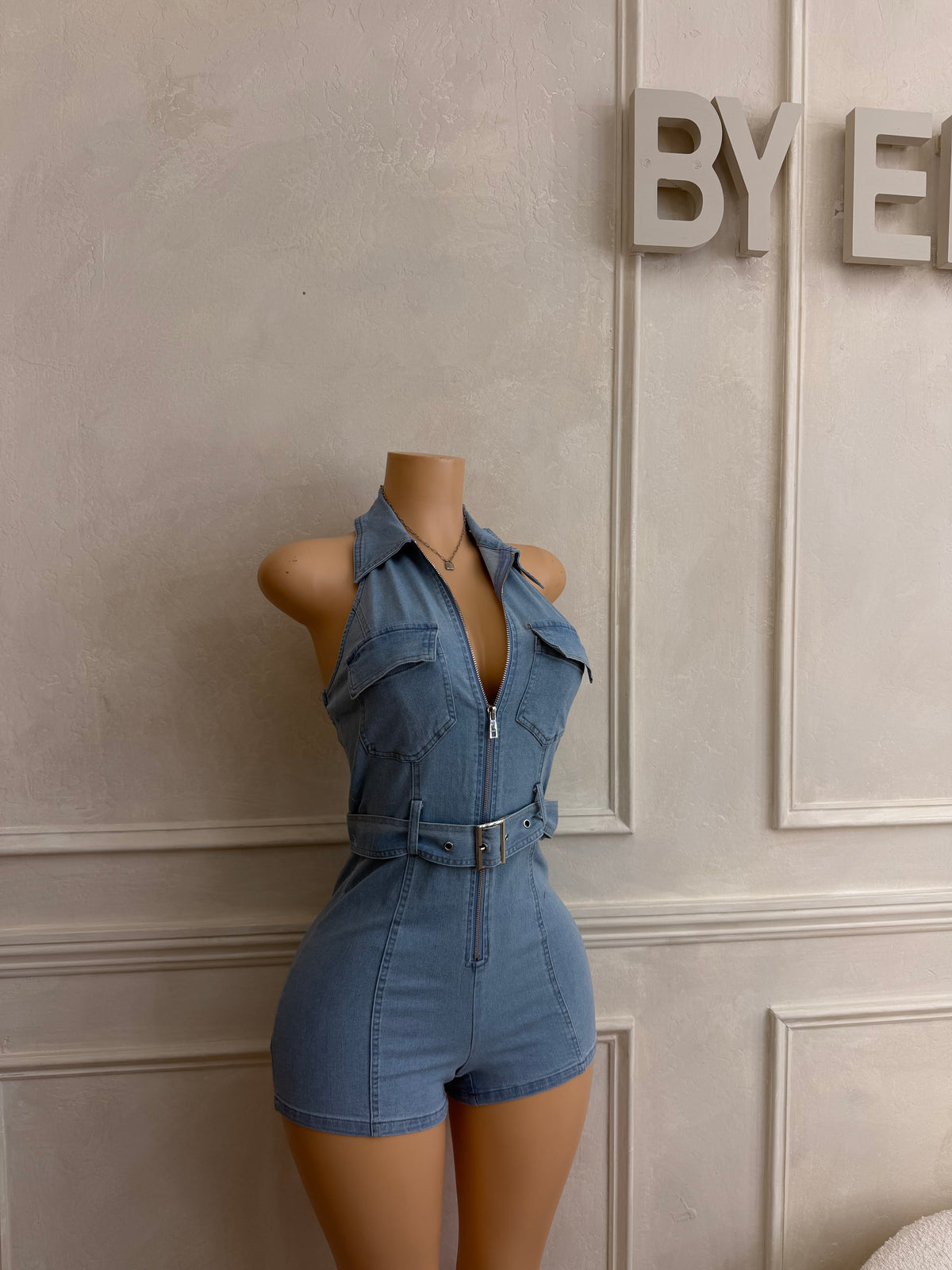 Stretch denim halter neck belt romper light wash