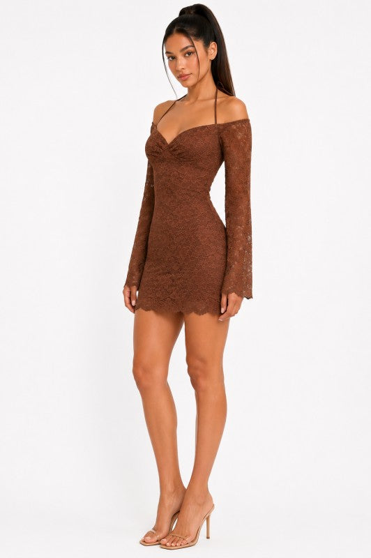Brown halter lace mini dress