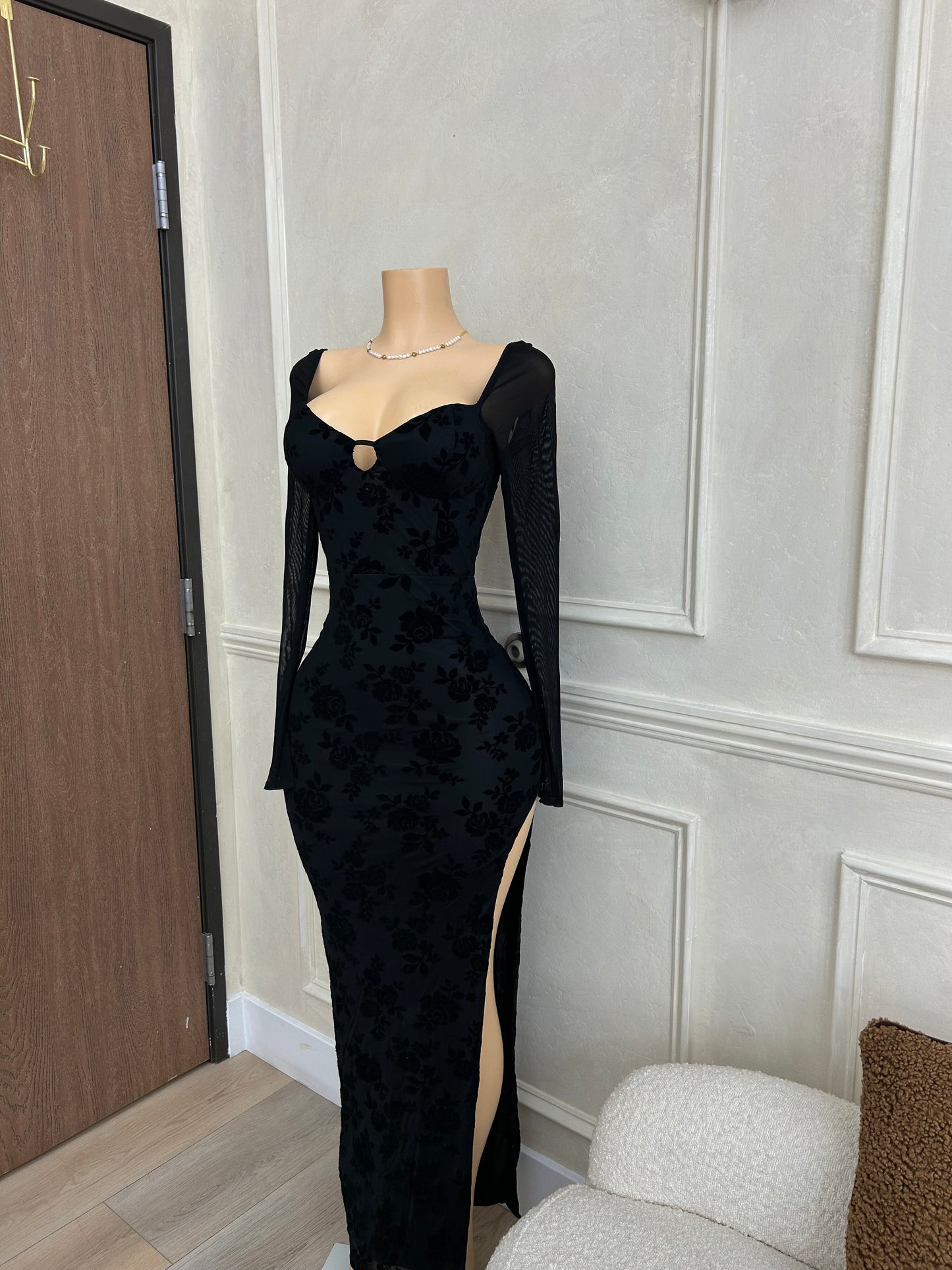 Velvet long sleeve maxi dress with slit