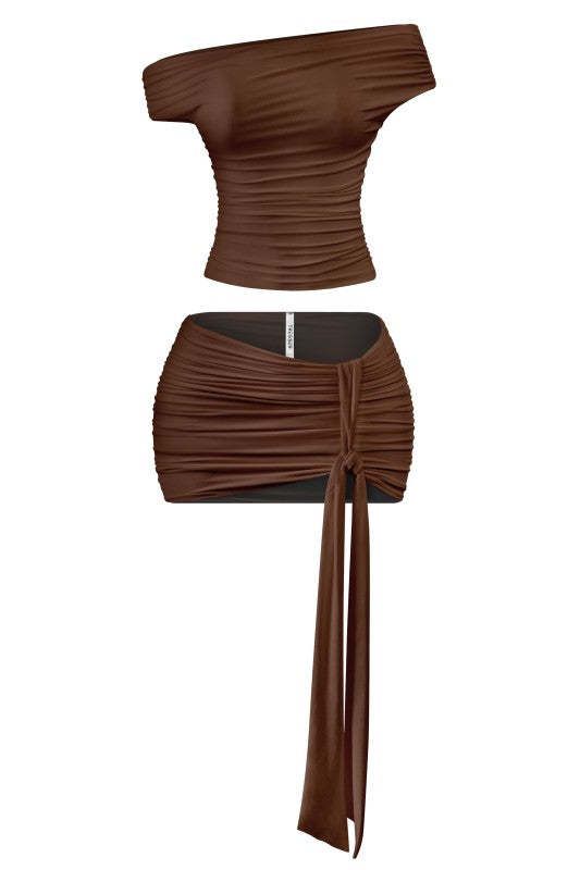 Brown  drape tie shirt & skirt set