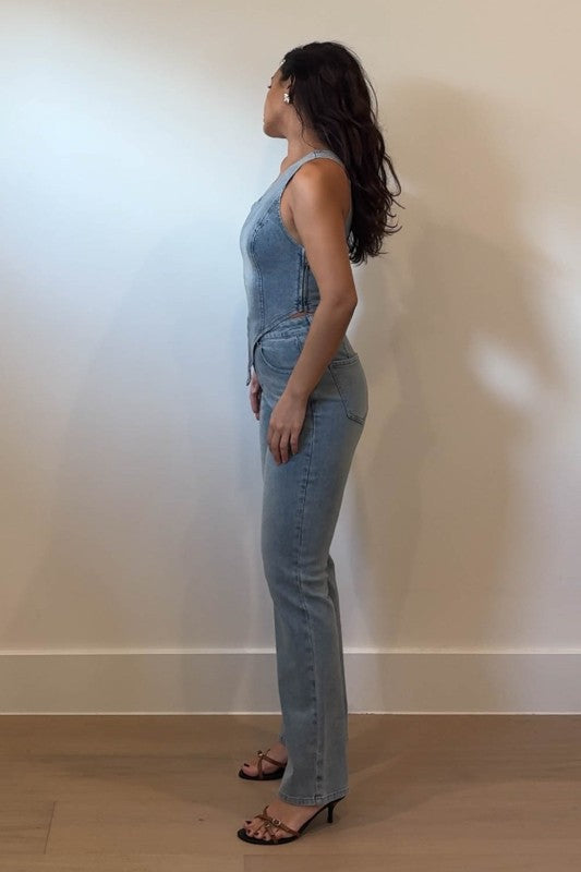 One shoulder denim straight leg jean set
