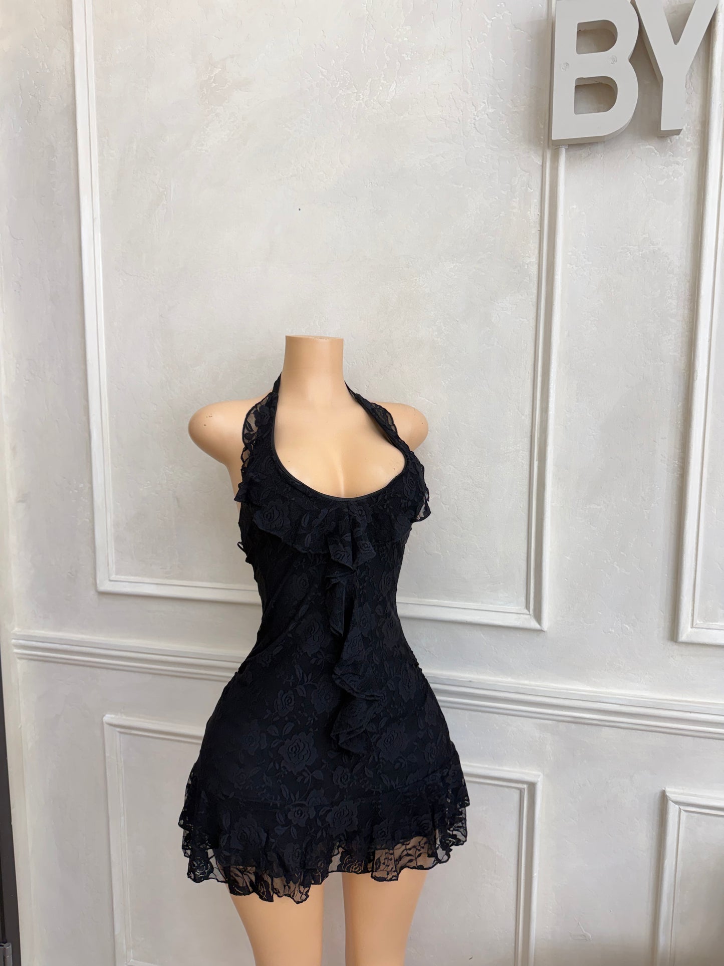 Halter open back lace dress