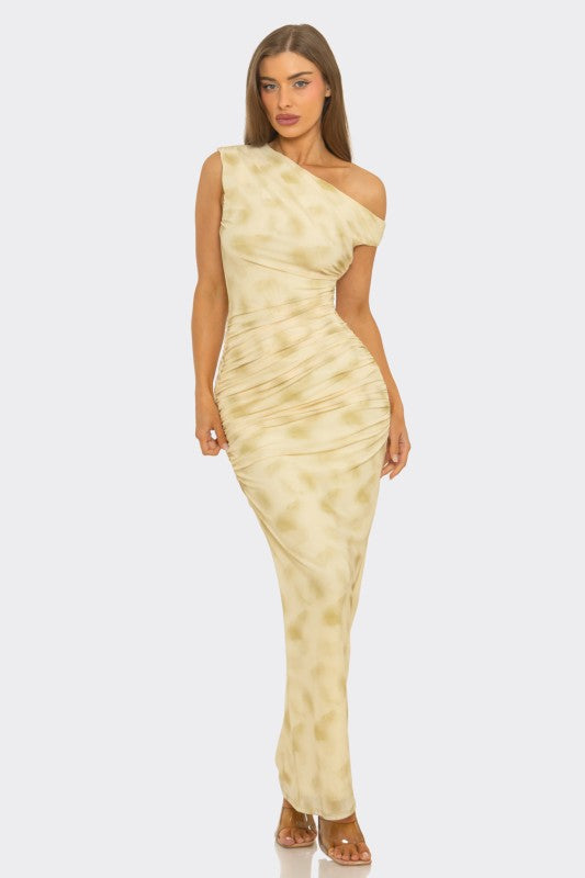 Floral print ruched mesh maxi dress
