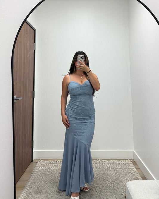 Blue lace chiffon dress