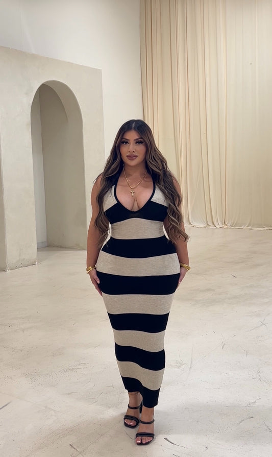 Black Oatmeal Strip Knit Dress