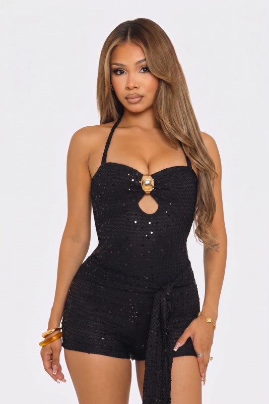 Black halter sequence romper