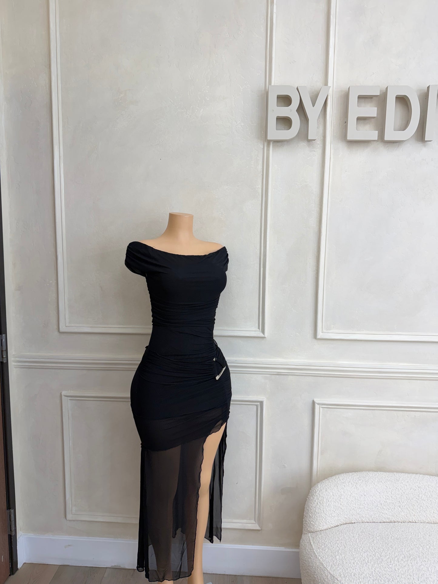 Black off shoulder maxi mesh dress