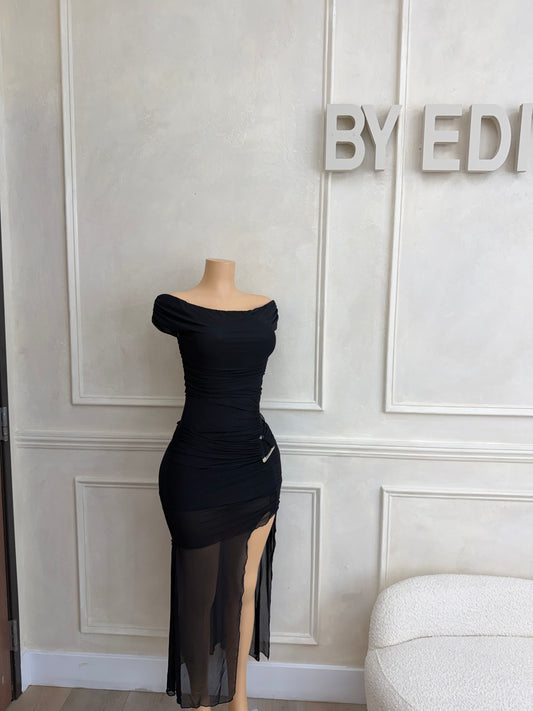Black off shoulder maxi mesh dress