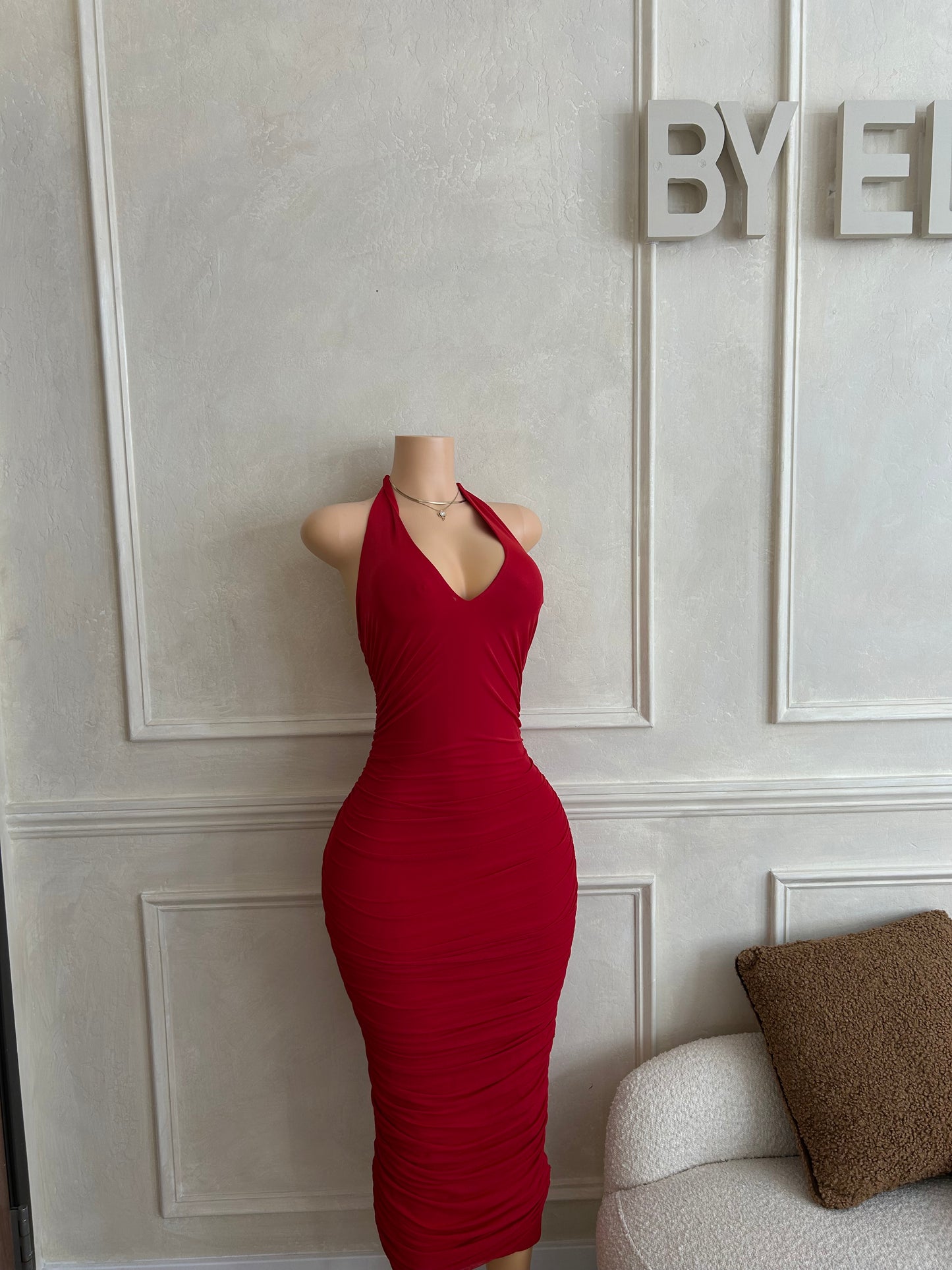 Red halter midi dress