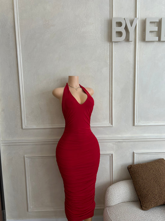 Red halter midi dress