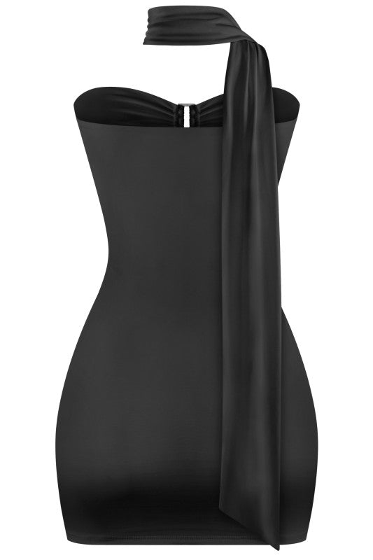 Black staples neck tie mini dress