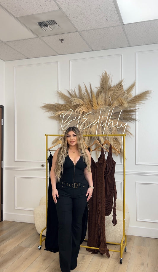 Black woven halter cargo jumpsuit