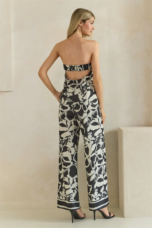 Printed woven strapless top and wide leg pant set (stretchy)