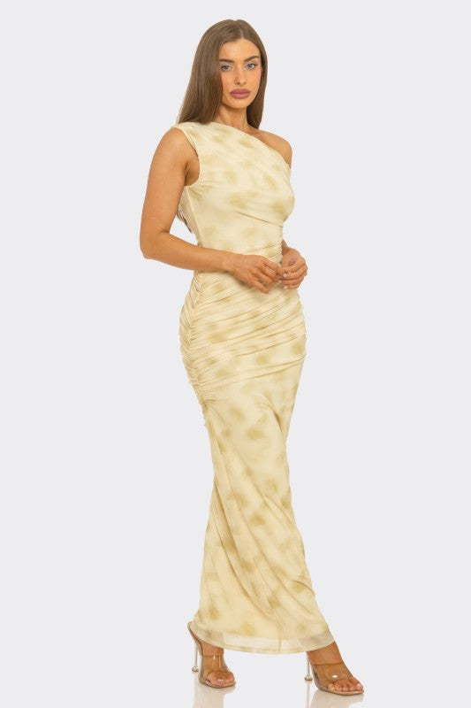 Floral print ruched mesh maxi dress