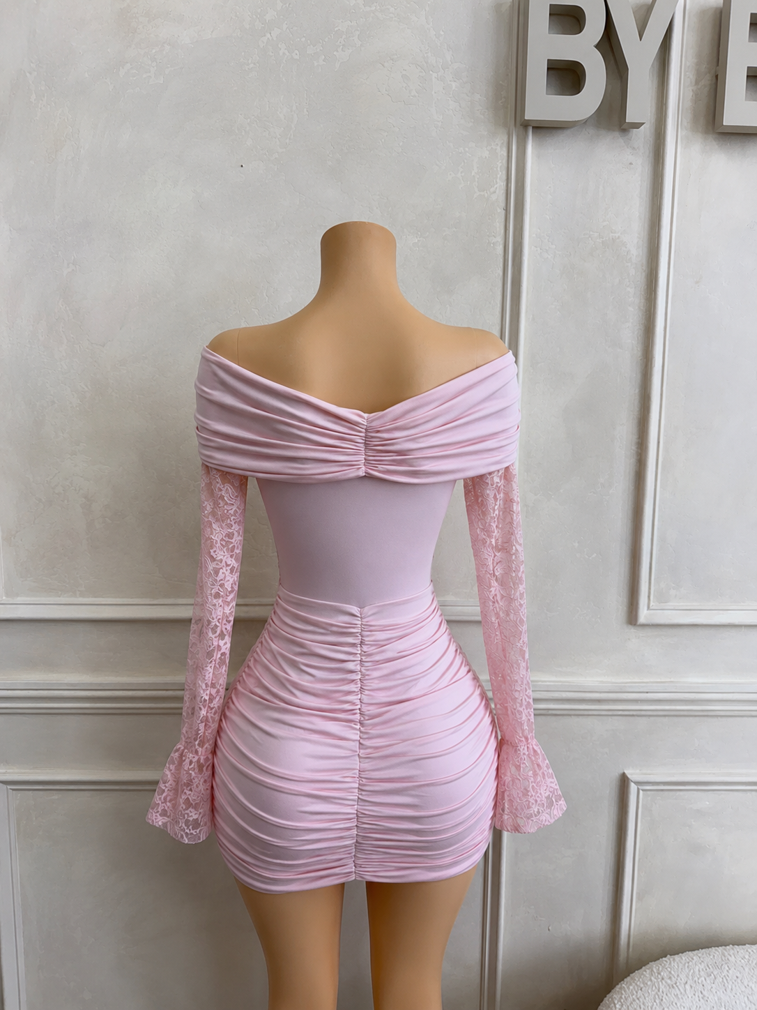 Pink off shoulder lace dress