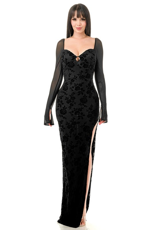 Velvet long sleeve maxi dress with slit