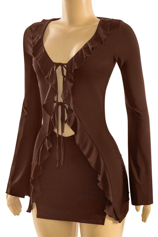 Brown ruffled front tie dress