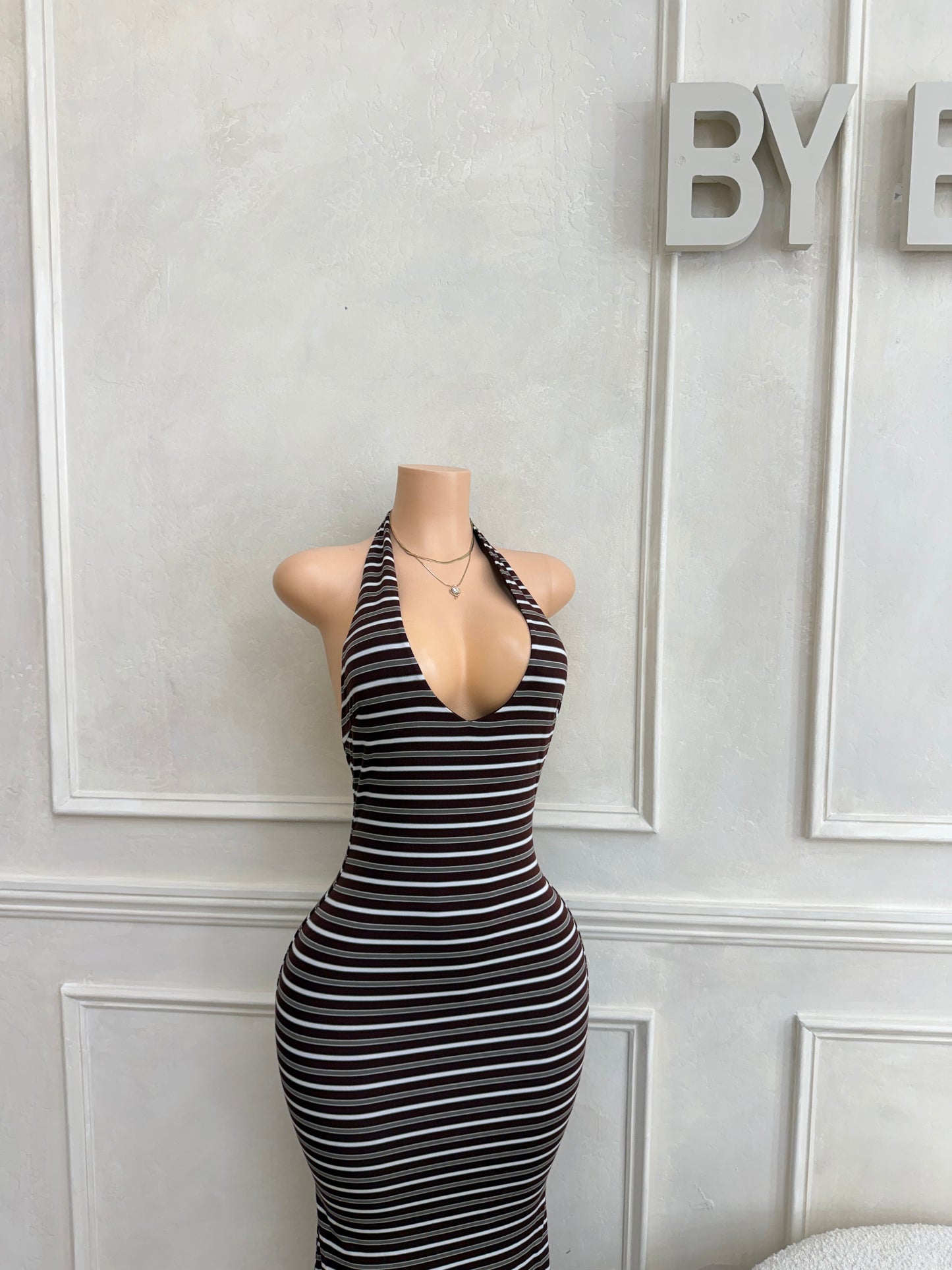 Brown striped maxi halter  dress