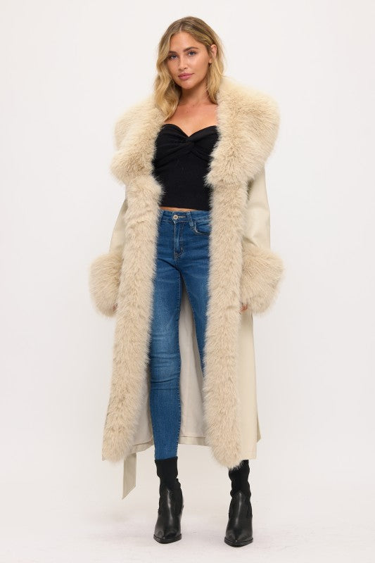 Cream long faux leather fur trim coat