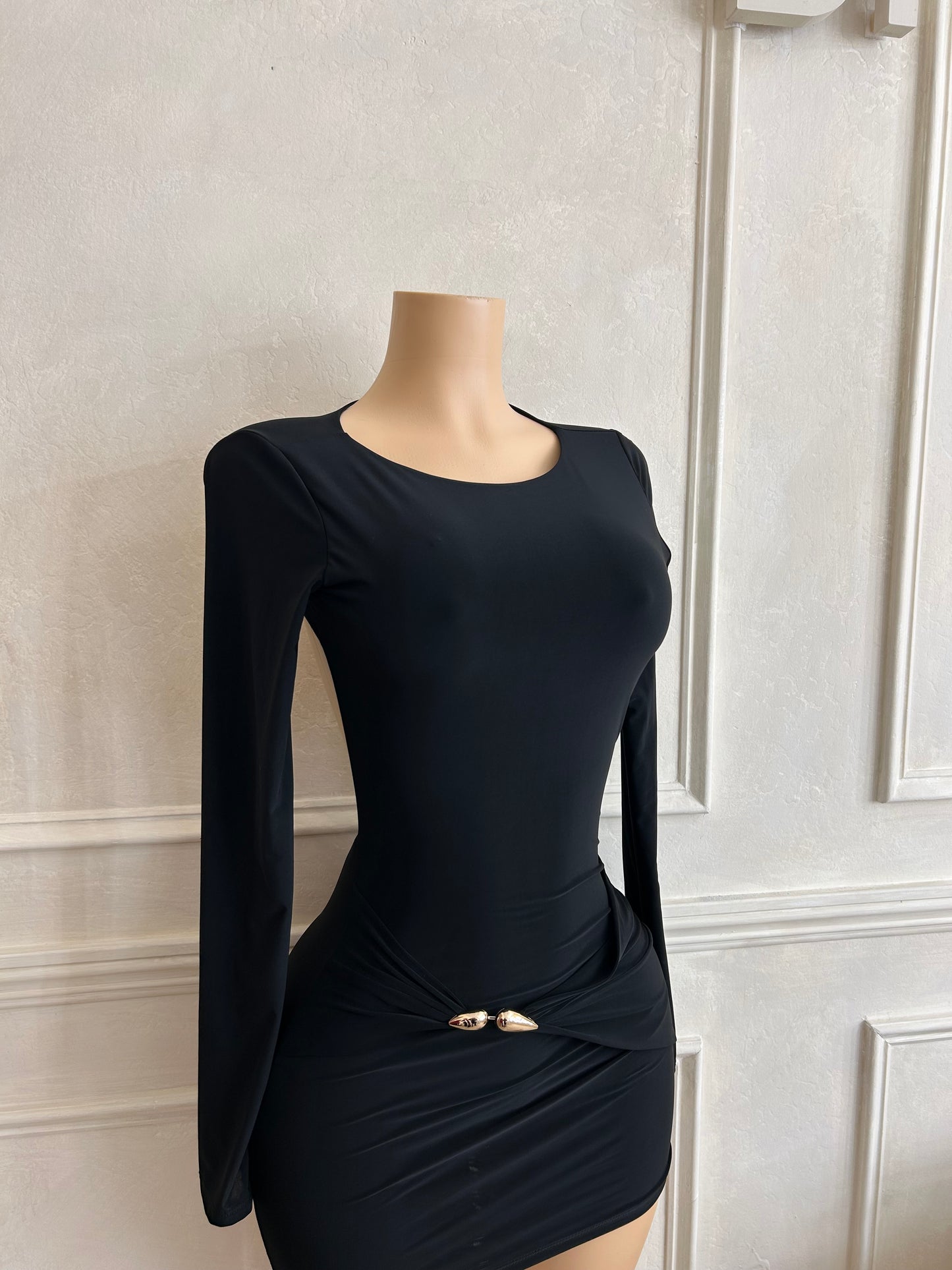 Black long sleeve drape trim detail dress