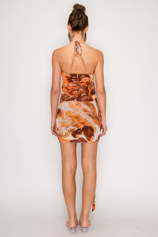 Mesh printed halter cutout dress