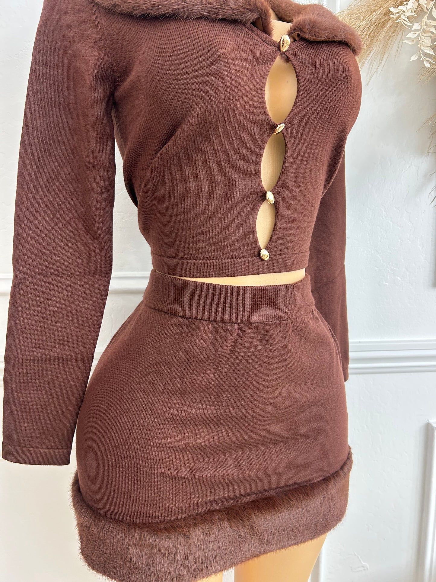 Brown sweater top and skirt set