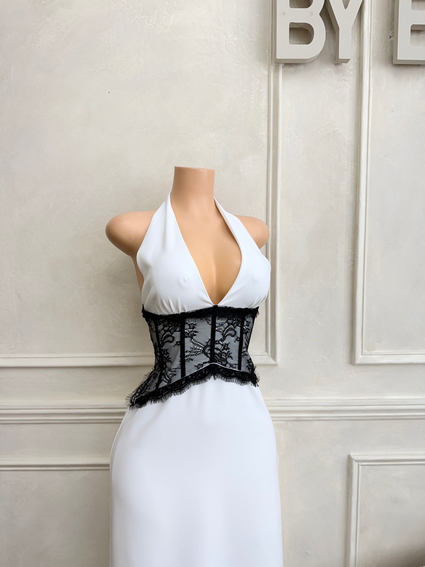 White halter neck maxi dress with lace corset