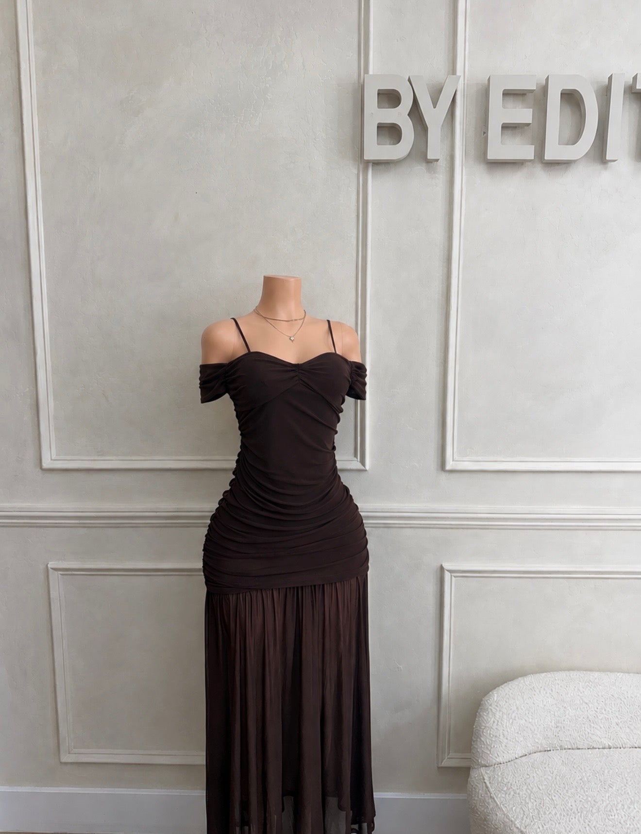 Brown maxi dress off shoulder