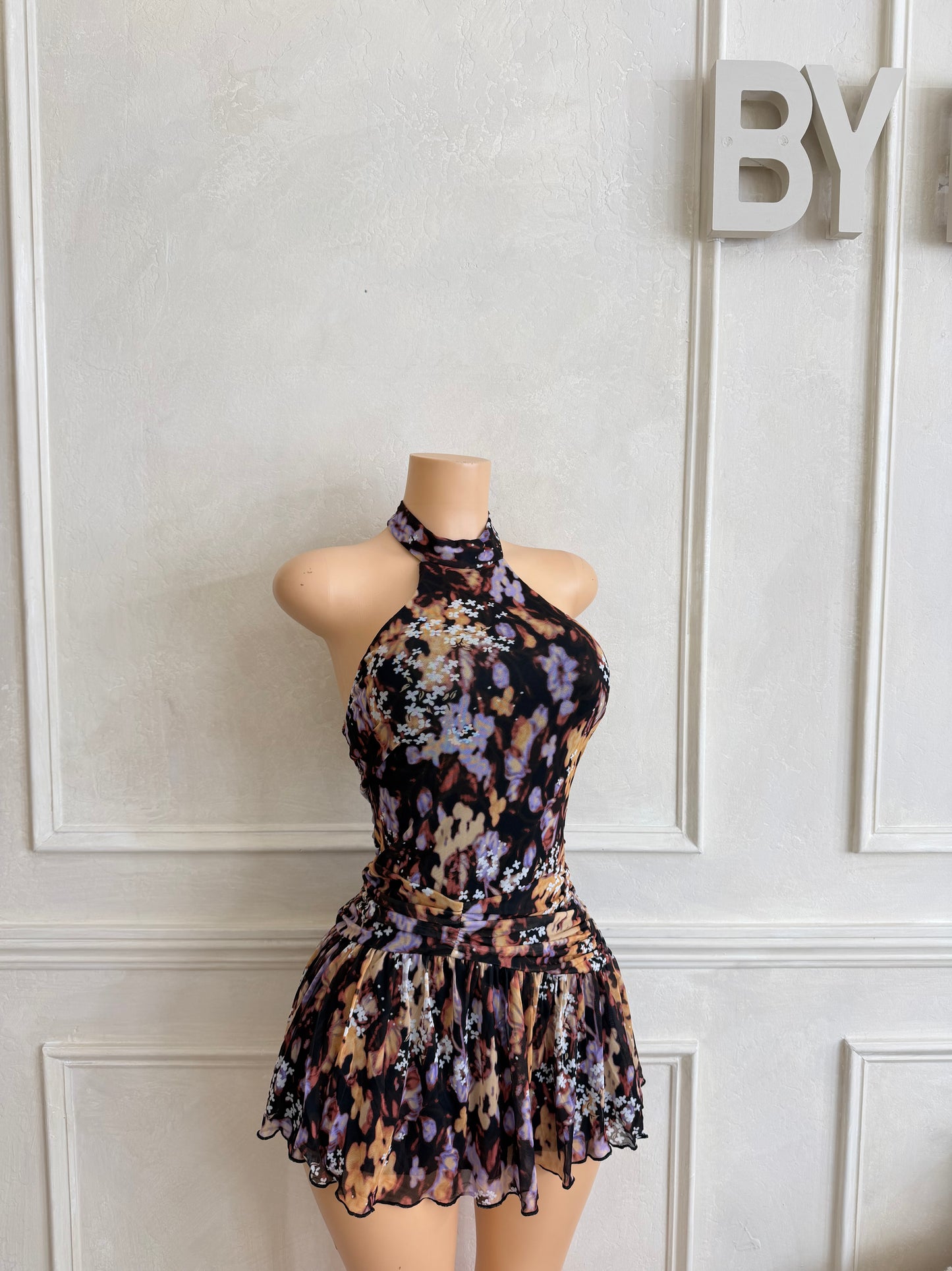 Floral printed mesh halter dress