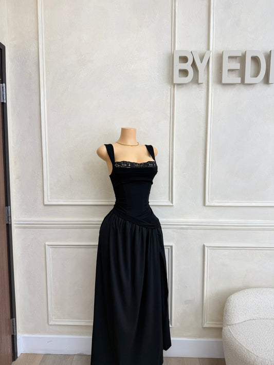 Black maxi dress with scarf and slit
