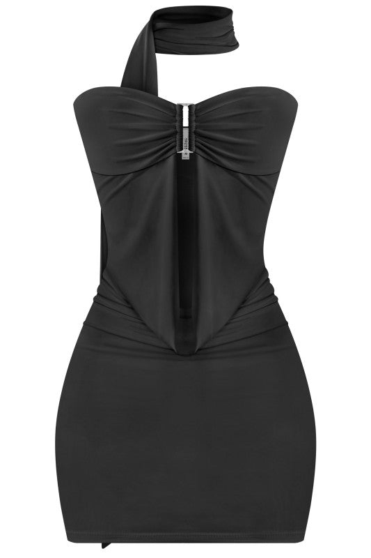 Black staples neck tie mini dress