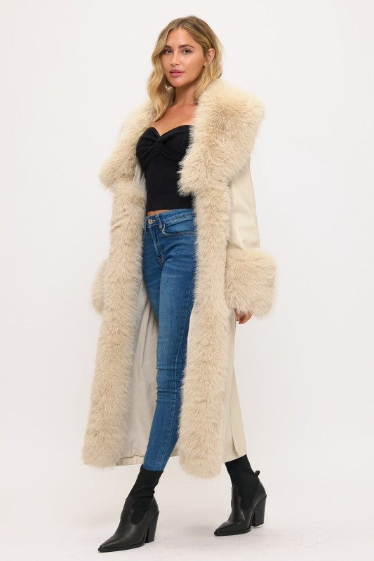 Cream long faux leather fur trim coat