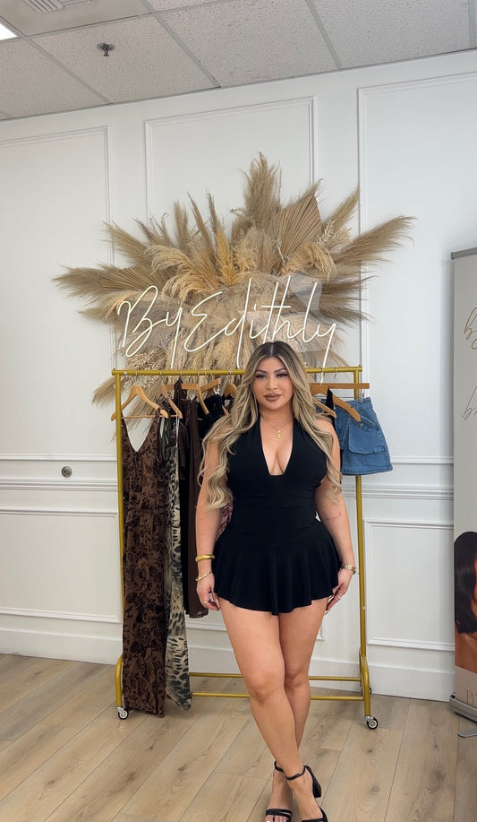 Black halter mini dress with shorts