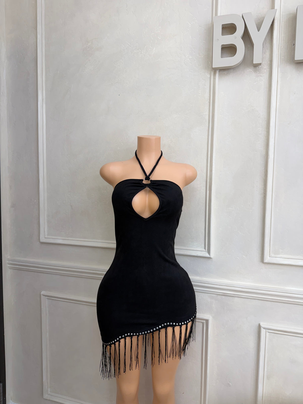 Fringe halter dress black