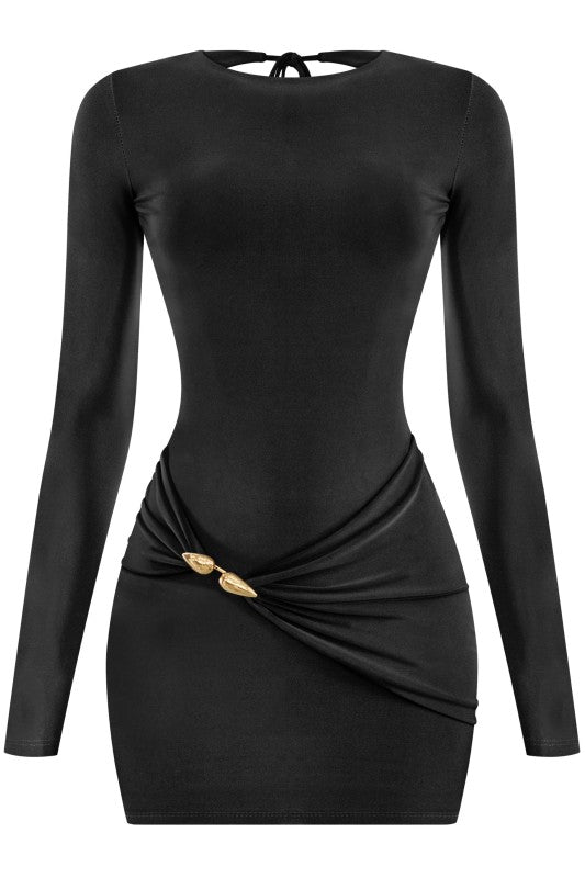 Black long sleeve drape trim detail dress
