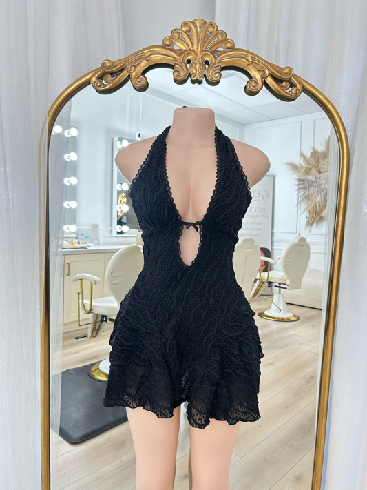 Black halter ruffle dress