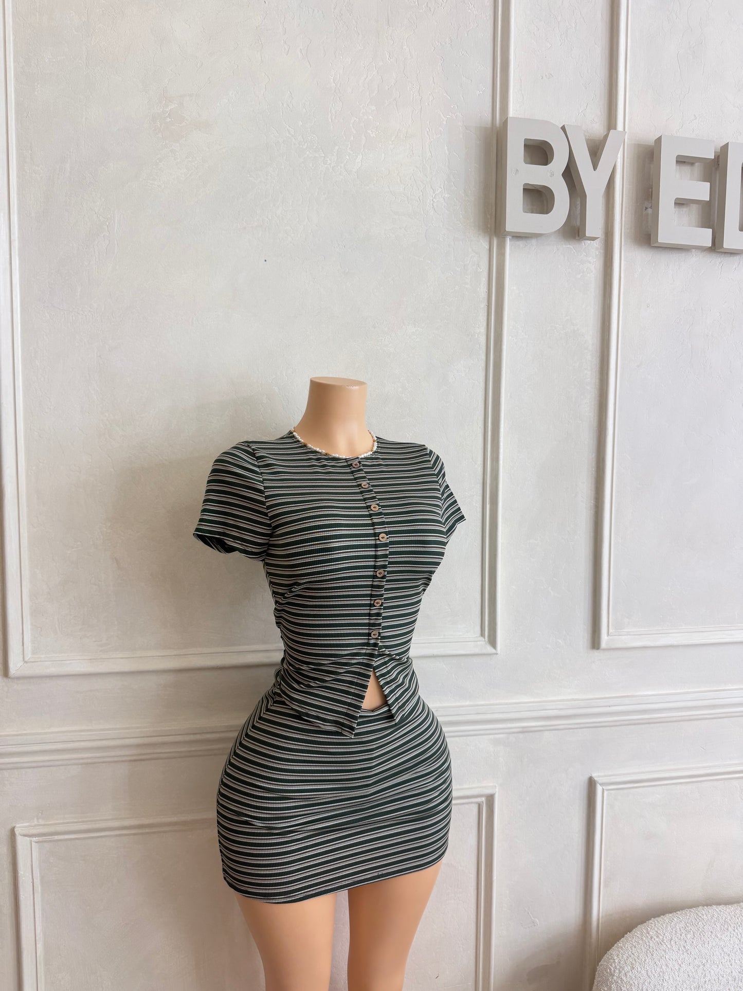 Green striped skirt and top set