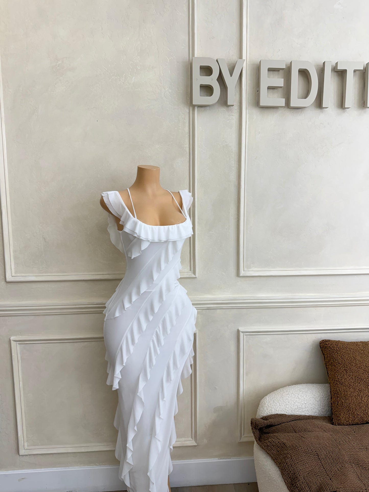 White mesh asymmetrical ruffle lace up gown
