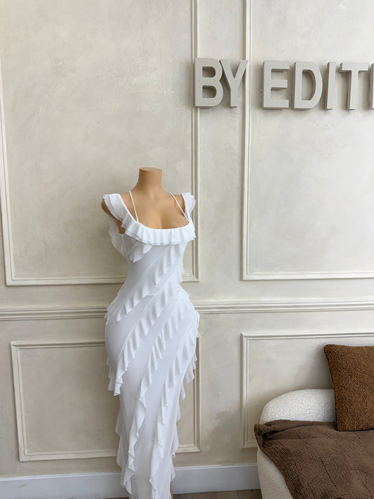 White mesh asymmetrical ruffle lace up gown